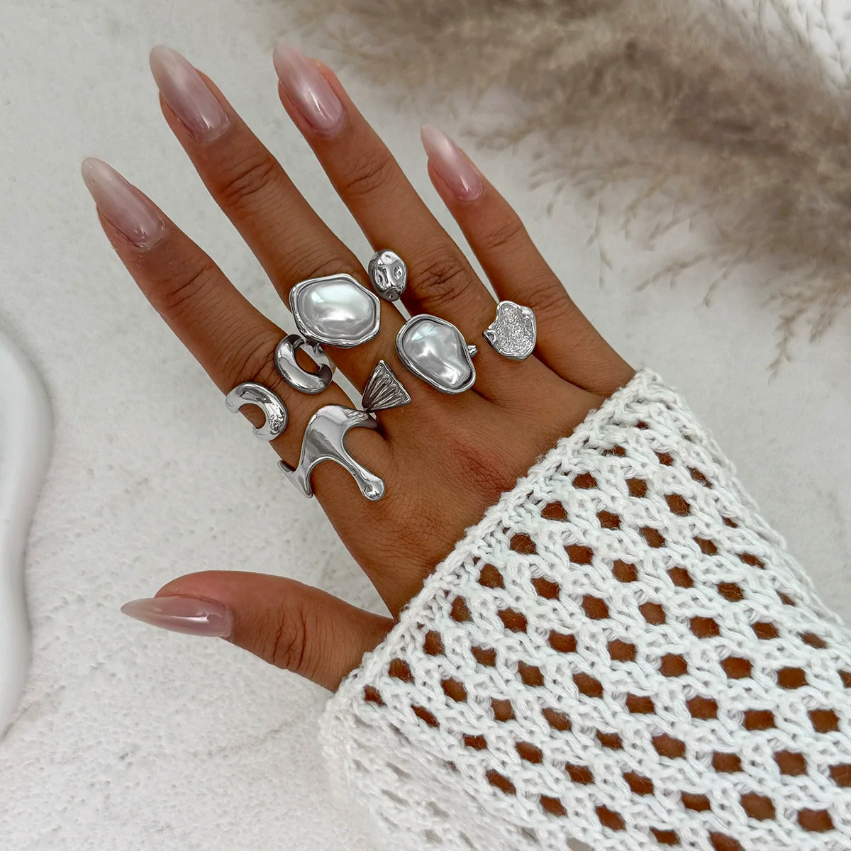 Women's Asymmetrical Metal Ring Alloy Geometric Internet Celebrity Style Electroplated Imitation Pearl Joint - Image 13
