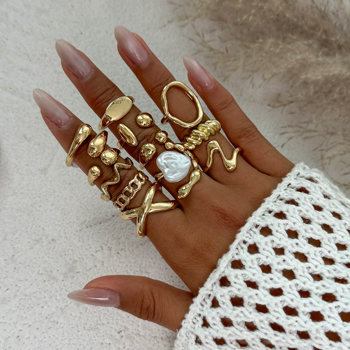 Women's Asymmetrical Metal Ring Alloy Geometric Internet Celebrity Style Electroplated Imitation Pearl Joint - Image 14