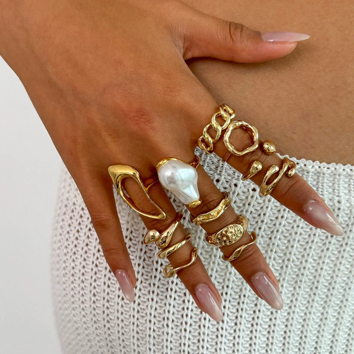 Women's Asymmetrical Metal Ring Alloy Geometric Internet Celebrity Style Electroplated Imitation Pearl Joint - Image 2