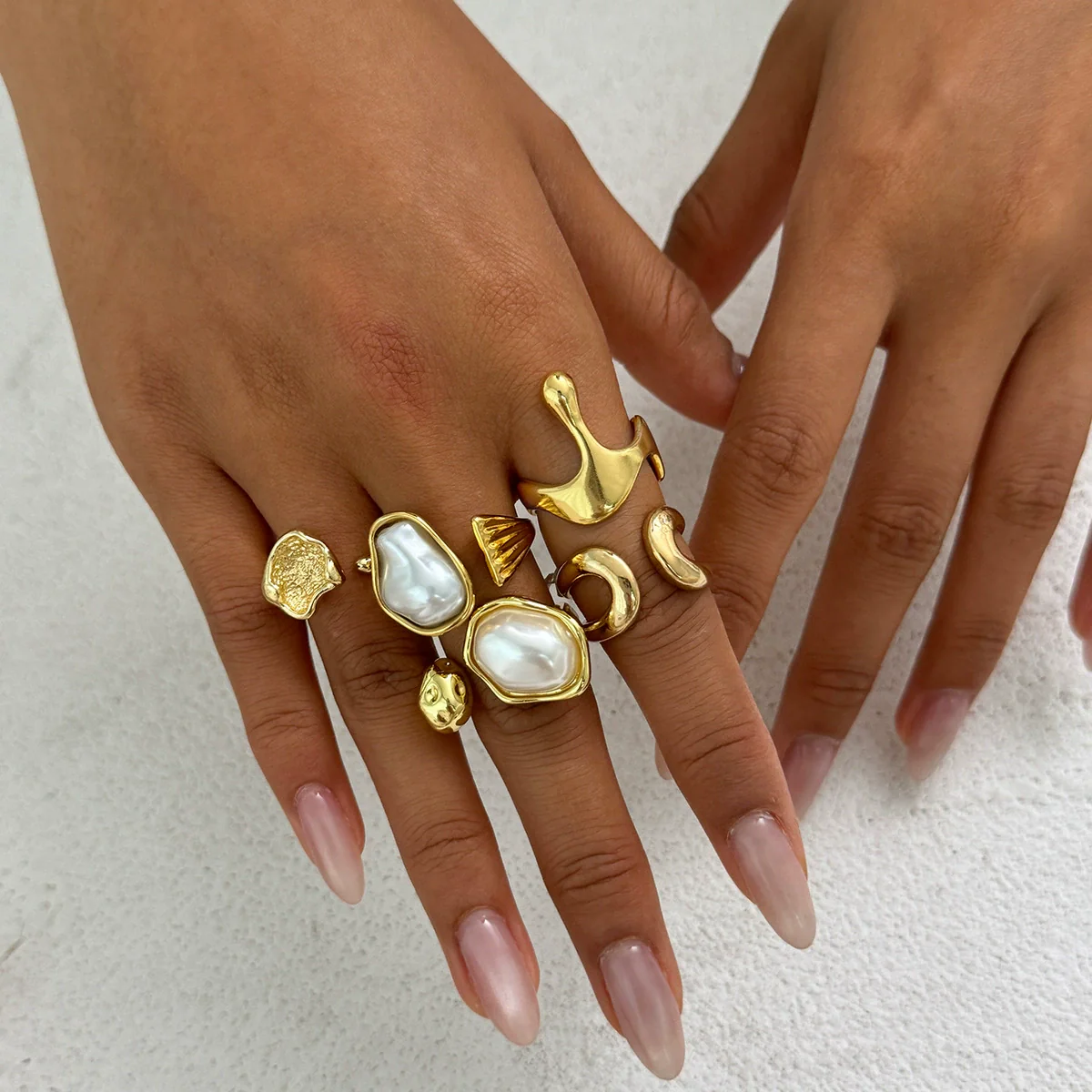 Women's Asymmetrical Metal Ring Alloy Geometric Internet Celebrity Style Electroplated Imitation Pearl Joint - Image 4