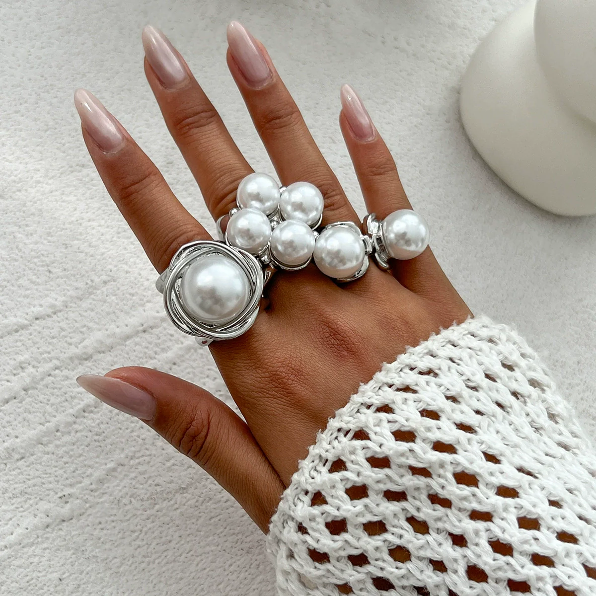 Women's Asymmetrical Metal Ring Alloy Geometric Internet Celebrity Style Electroplated Imitation Pearl Joint - Image 7