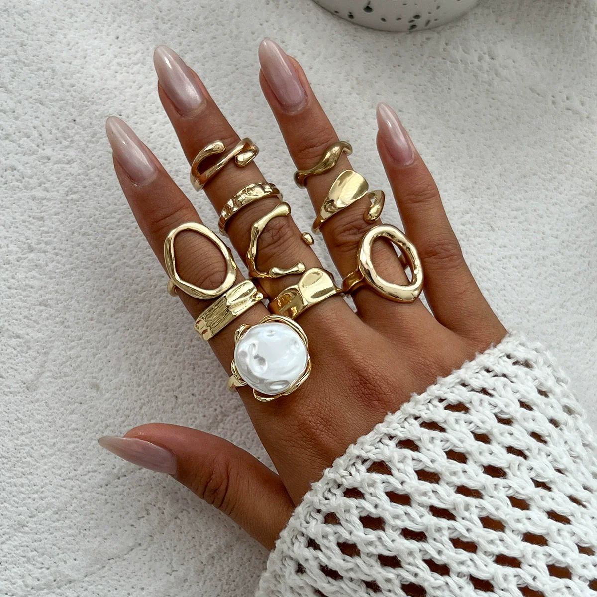 Women's Asymmetrical Metal Ring Alloy Geometric Internet Celebrity Style Electroplated Imitation Pearl Joint - Image 8
