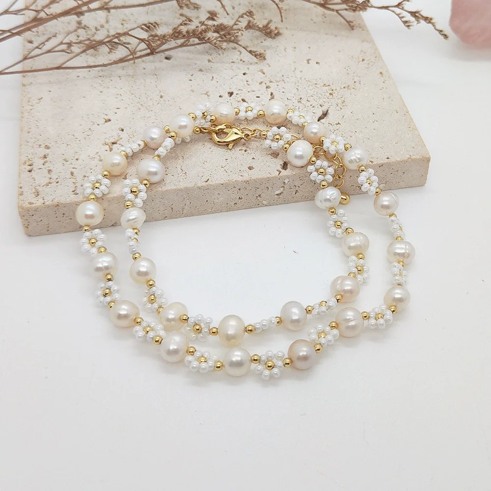 Women's Baroque Natural Pearl And Organic Glass Daisy Flower Handwoven Clavicle Chain With Geometric Styling - Image 3