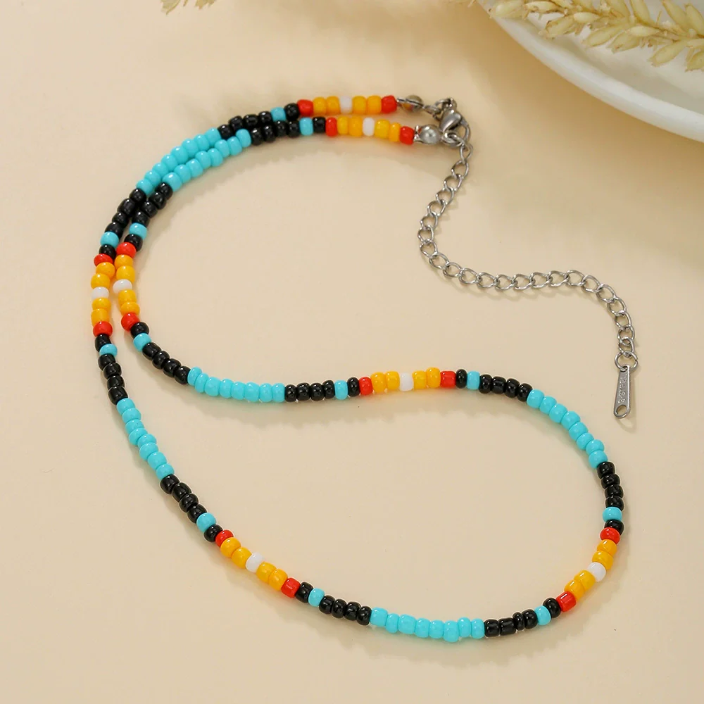 Women's Bohemian Casual Collarbone Necklace With Mixed Colorful Rice Beads And Glass Pendant Stainless Steel Handmade Geometric Style O Chain - Image 11