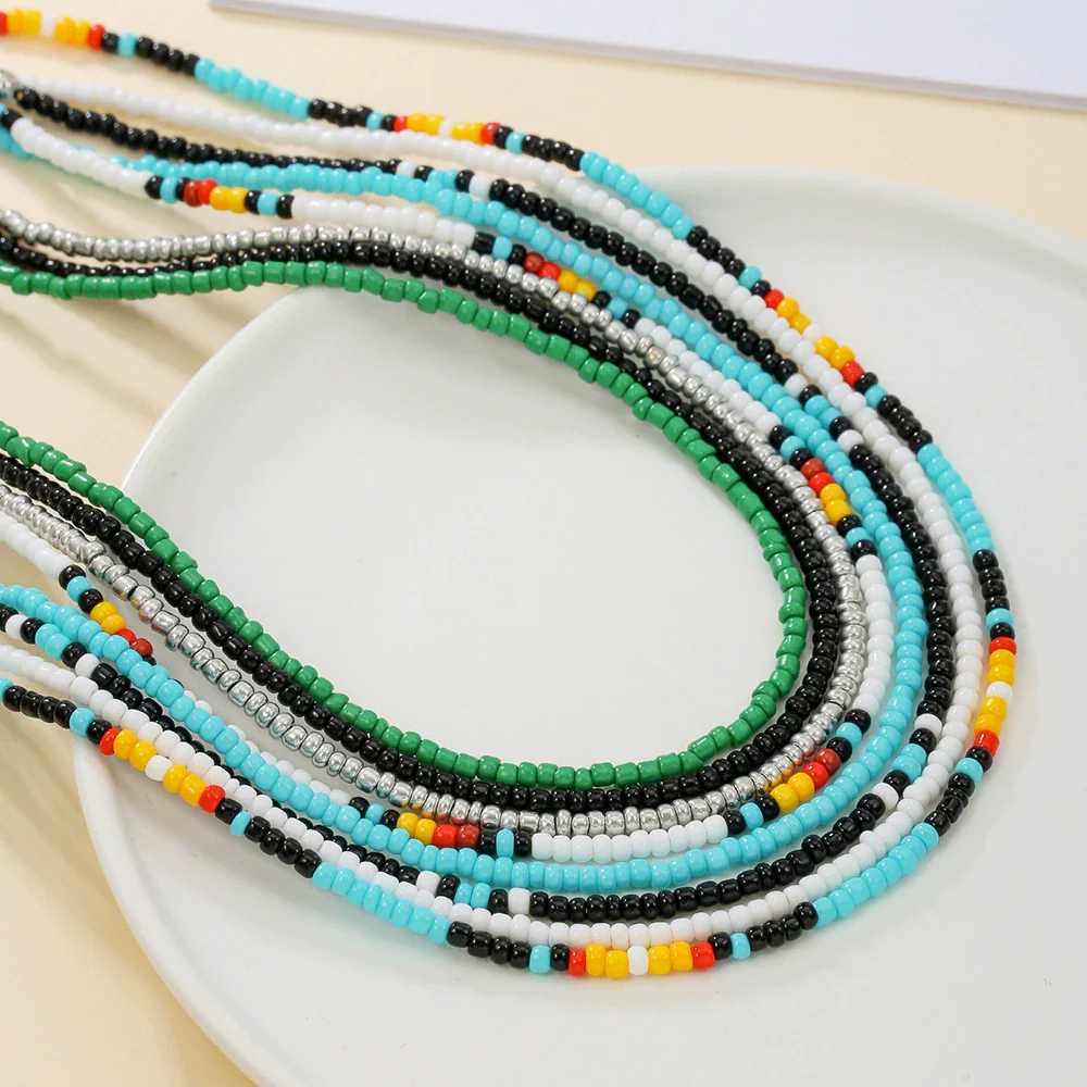 Women's Bohemian Casual Collarbone Necklace With Mixed Colorful Rice Beads And Glass Pendant Stainless Steel Handmade Geometric Style O Chain - Image 3
