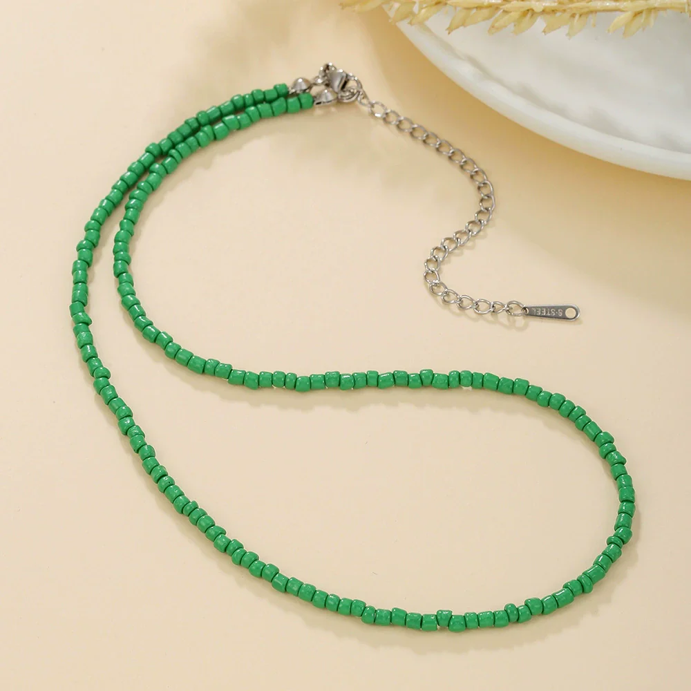 Women's Bohemian Casual Collarbone Necklace With Mixed Colorful Rice Beads And Glass Pendant Stainless Steel Handmade Geometric Style O Chain - Image 6