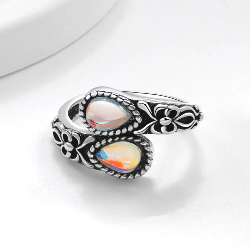 Women's Bohemian Retro Black Agate Spoon Moonstone Open Ring Copper Electroplated Geometric - Image 2