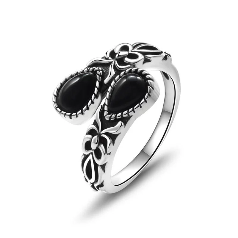 Women's Bohemian Retro Black Agate Spoon Moonstone Open Ring Copper Electroplated Geometric - Image 5