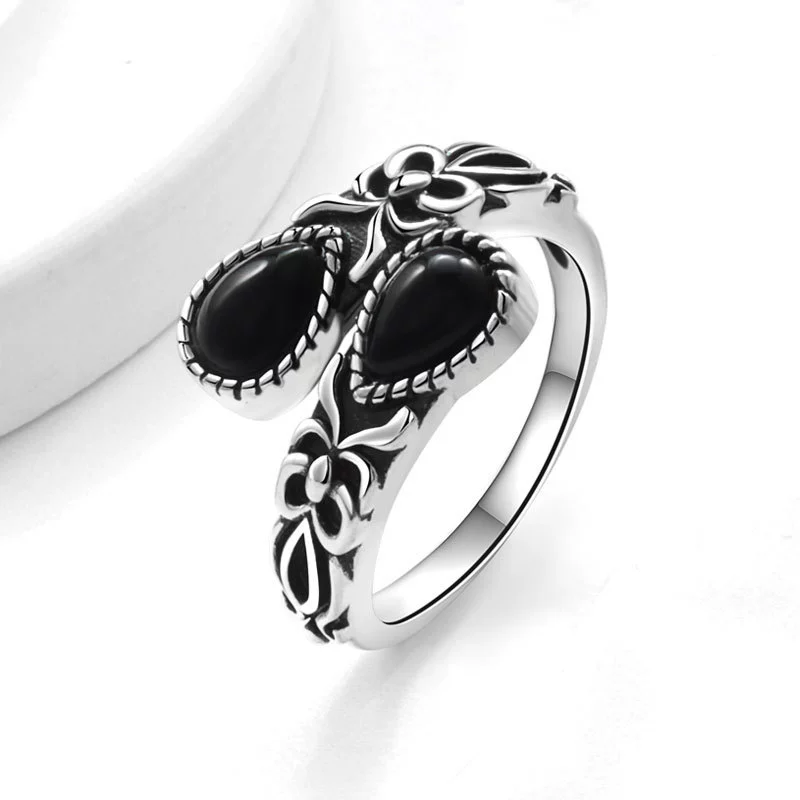 Women's Bohemian Retro Black Agate Spoon Moonstone Open Ring Copper Electroplated Geometric - Image 7