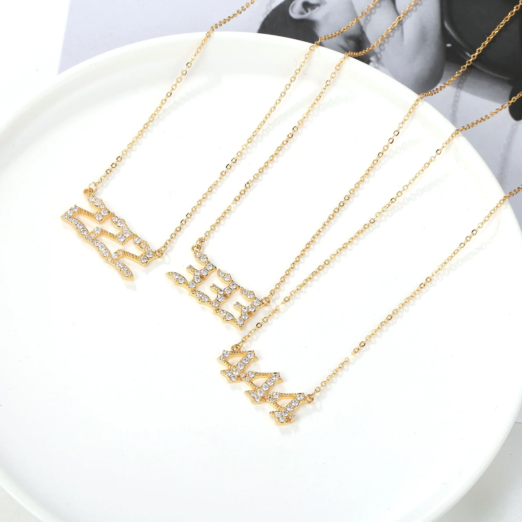 Women's Brass Rhinestone Necklace With Letters Numbers Text Design