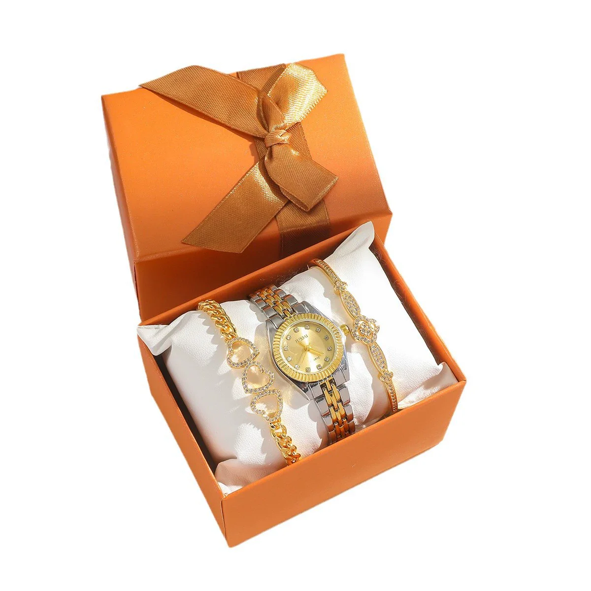 Women's Casual Alloy And Stainless Steel Round And Rectangular Quartz Watch With Fourleaf Clover Design And Diamond Bracelet - Image 5