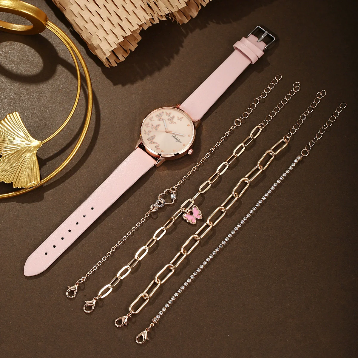 Women's Casual Alloy Case Imitation Leather Strap Round Dial Quartz Wrist Watch With Butterfly Design - Image 3