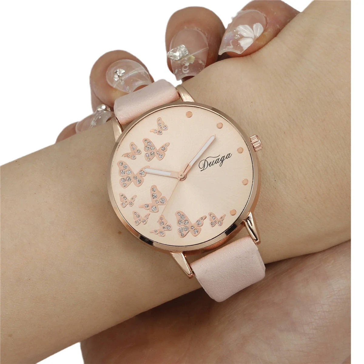 Women's Casual Alloy Case Imitation Leather Strap Round Dial Quartz Wrist Watch With Butterfly Design - Image 5
