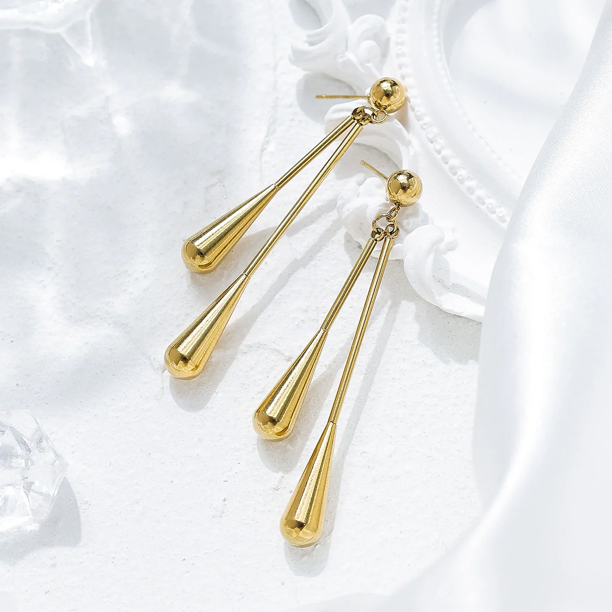 Women's Casual Geometric Stainless Steel Goldplated Water Drop Teardrop Drape Earrings - Image 2