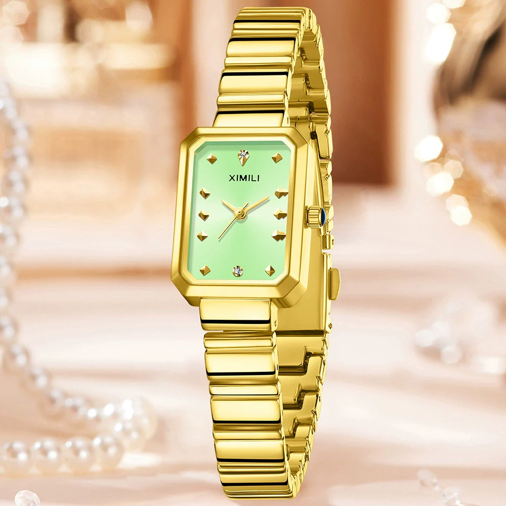 Women's Casual Quartz Watch With Alloy Case Bamboo Strap And Rectangle Dial