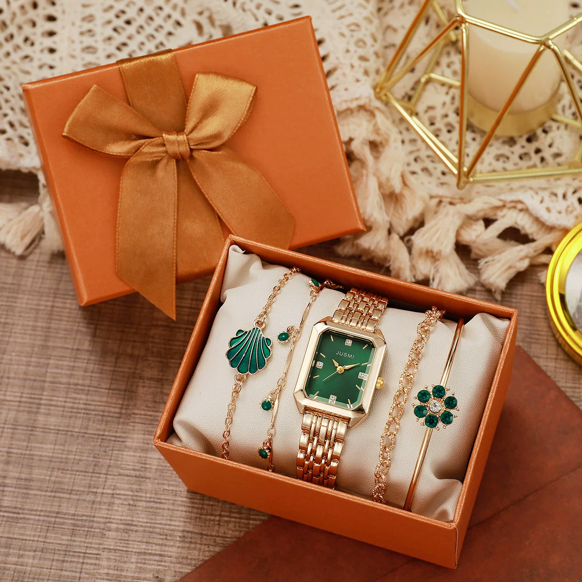Women's Casual Square And Round Alloy Belt Emerald Quartz Watch And Diamond Flower Bracelet Set - Image 2