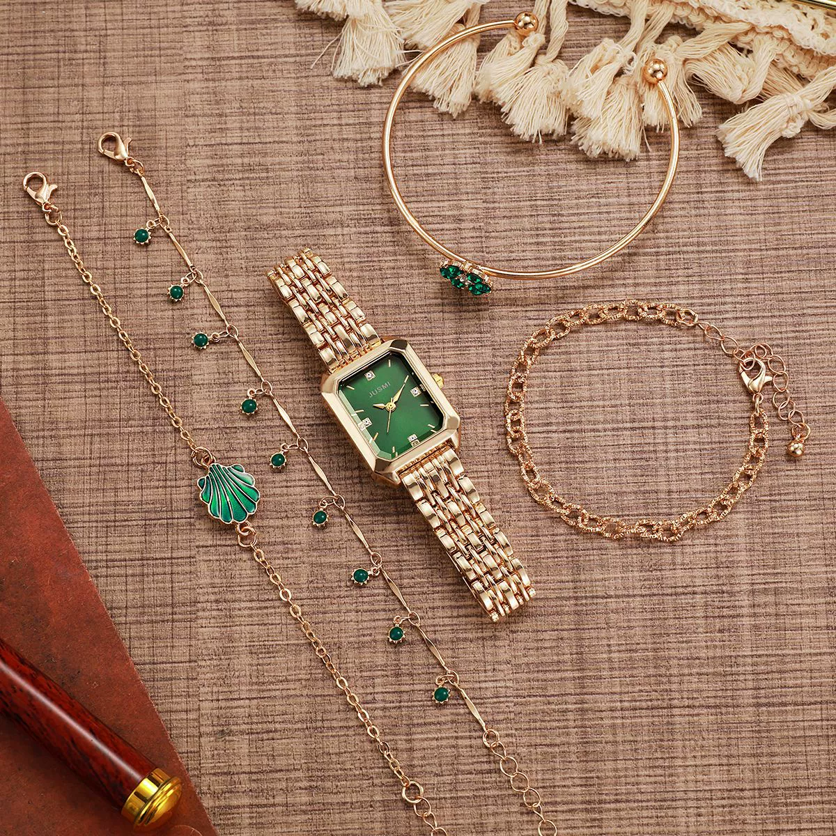 Women's Casual Square And Round Alloy Belt Emerald Quartz Watch And Diamond Flower Bracelet Set - Image 4