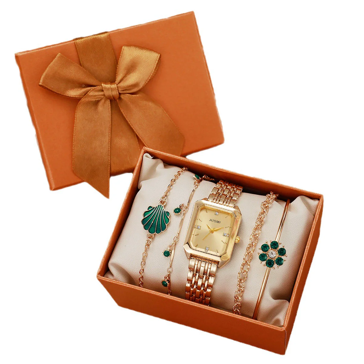 Women's Casual Square And Round Alloy Belt Emerald Quartz Watch And Diamond Flower Bracelet Set - Image 5