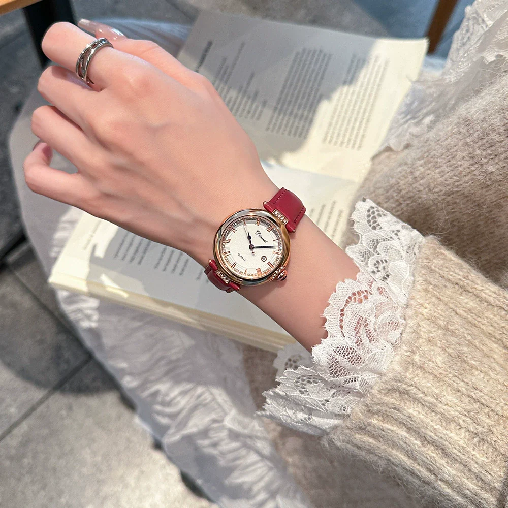Women's Casual Vintage Watch With Diamondencrusted Alloy Case Stainless Steel Buckle Genuine Leather Strap Round Dial - Image 3