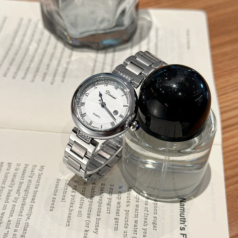 Women's Casual Vintage Watch With Diamondencrusted Alloy Case Stainless Steel Buckle Genuine Leather Strap Round Dial - Image 4