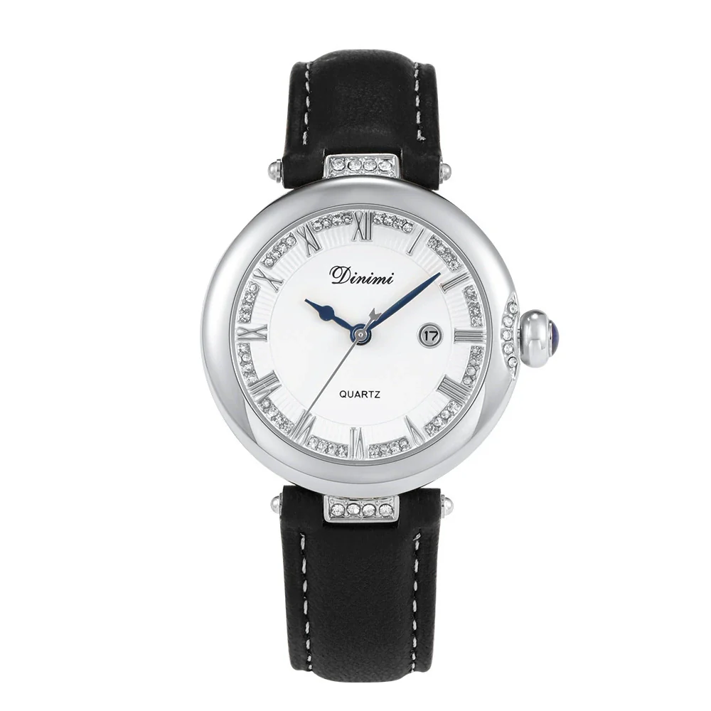 Women's Casual Vintage Watch With Diamondencrusted Alloy Case Stainless Steel Buckle Genuine Leather Strap Round Dial - Image 5