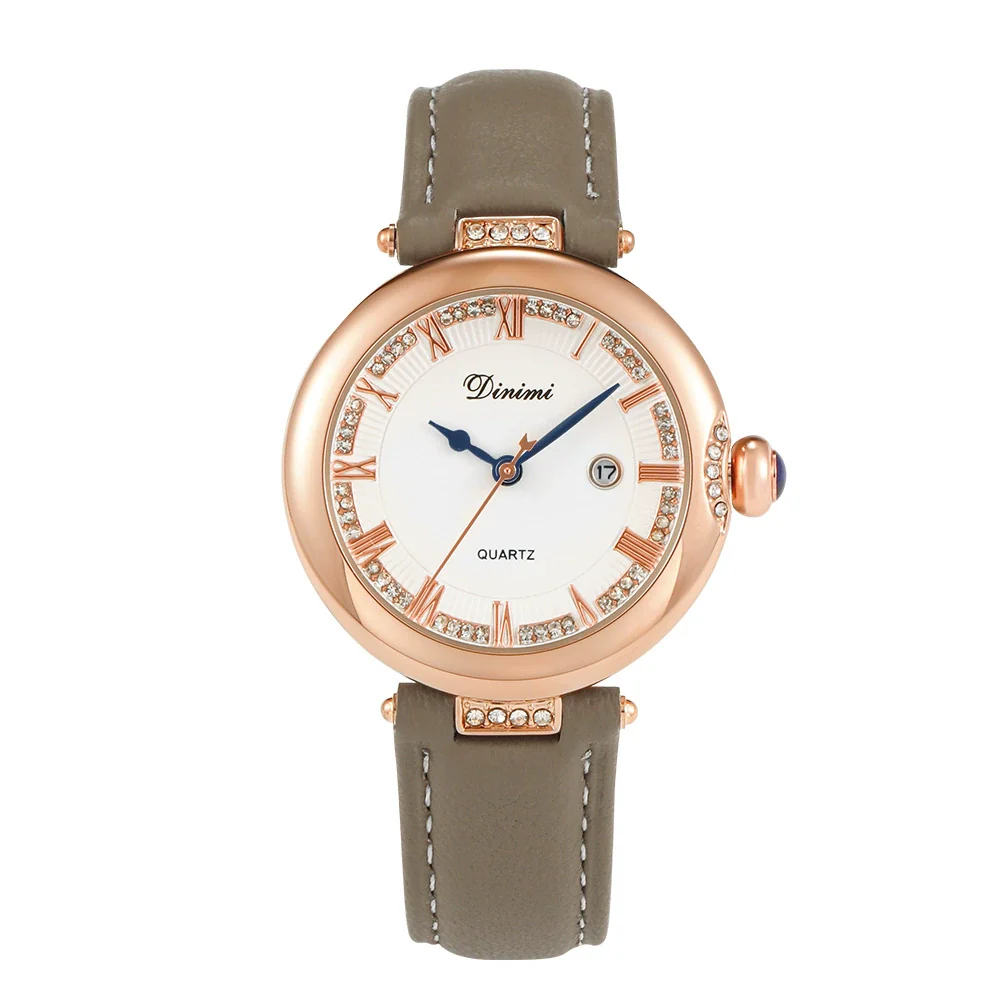 Women's Casual Vintage Watch With Diamondencrusted Alloy Case Stainless Steel Buckle Genuine Leather Strap Round Dial - Image 7