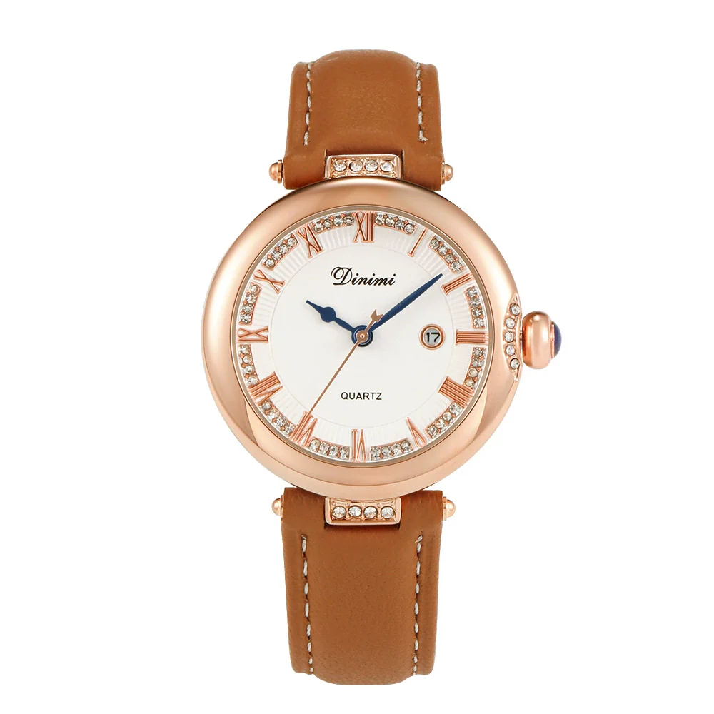 Women's Casual Vintage Watch With Diamondencrusted Alloy Case Stainless Steel Buckle Genuine Leather Strap Round Dial - Image 8