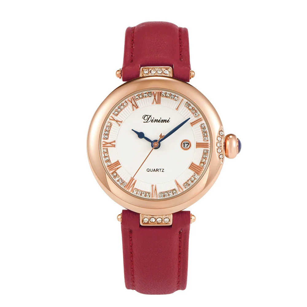 Women's Casual Vintage Watch With Diamondencrusted Alloy Case Stainless Steel Buckle Genuine Leather Strap Round Dial - Image 9