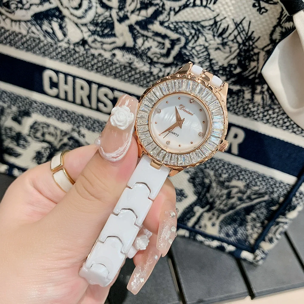 Women's Ceramic Quartz Waterproof Fashionable Round Dial Watch With Spiral Crown And Butterfly Double Snaps Clasp