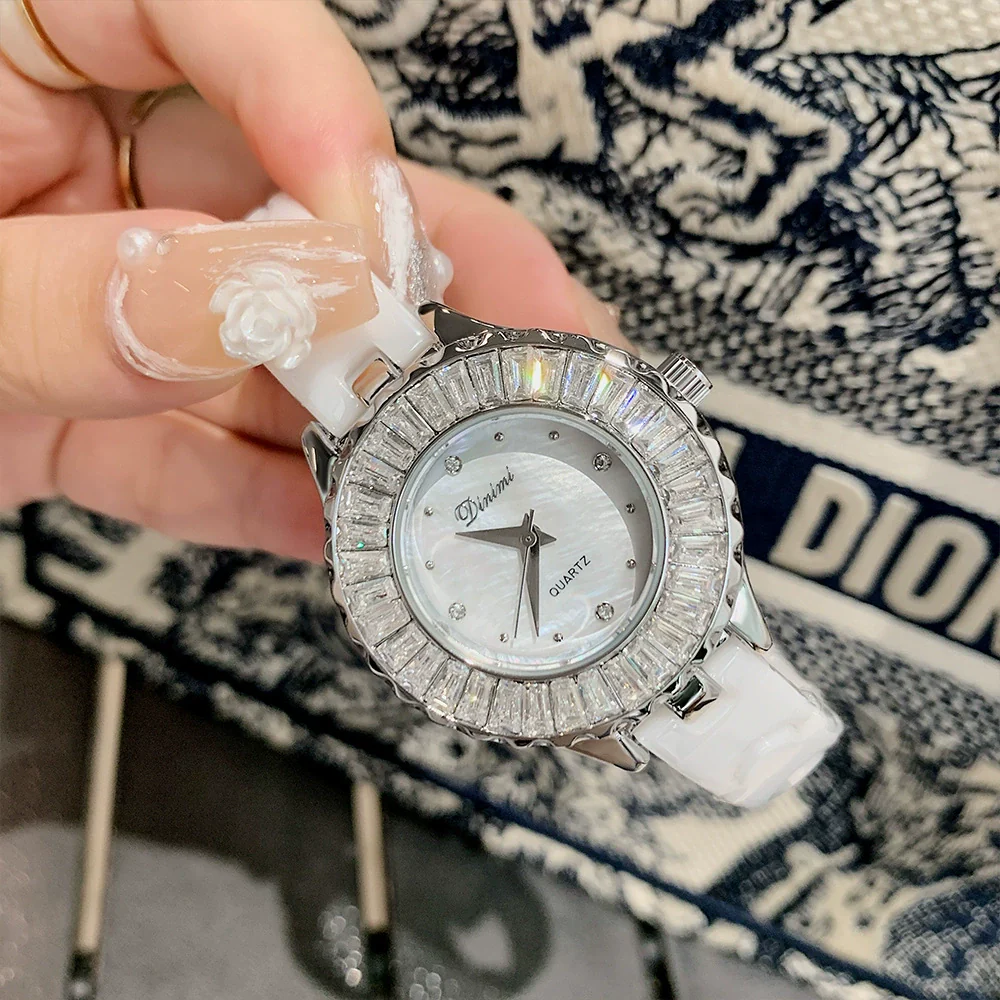 Women's Ceramic Quartz Waterproof Fashionable Round Dial Watch With Spiral Crown And Butterfly Double Snaps Clasp - Image 3