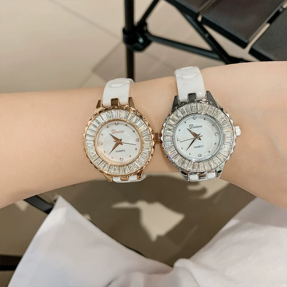 Women's Ceramic Quartz Waterproof Fashionable Round Dial Watch With Spiral Crown And Butterfly Double Snaps Clasp - Image 4