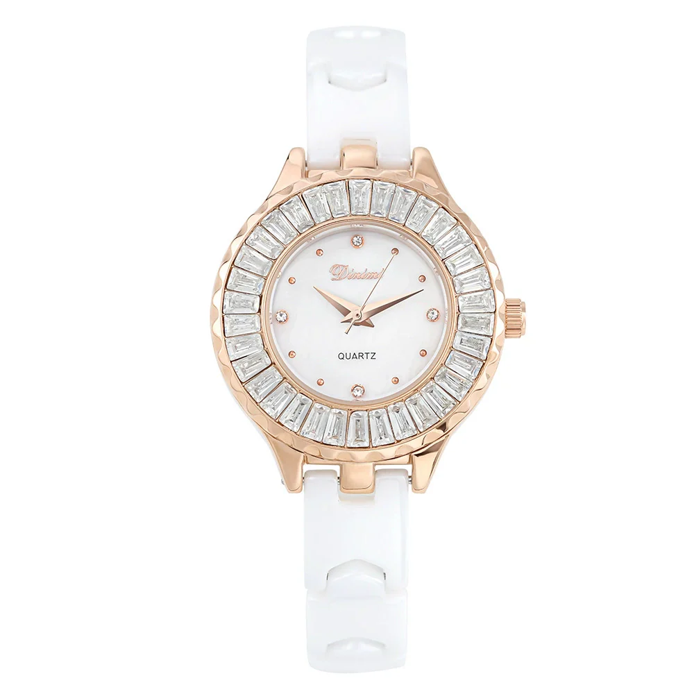 Women's Ceramic Quartz Waterproof Fashionable Round Dial Watch With Spiral Crown And Butterfly Double Snaps Clasp - Image 5