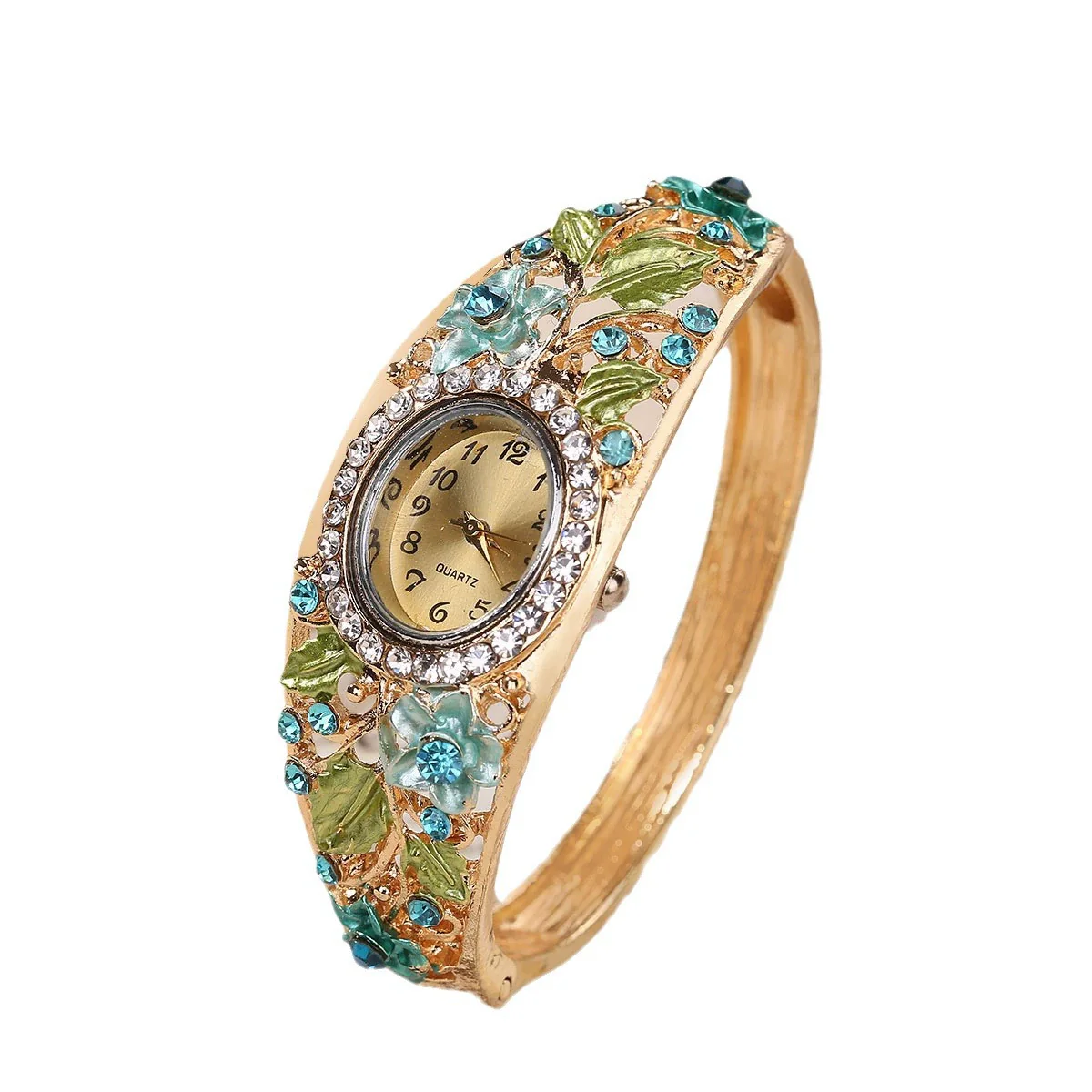 Women's Cloisonne Alloy Jewelry Set With Elegant Flowers And Oval Dial Retro Style Watch - Image 5