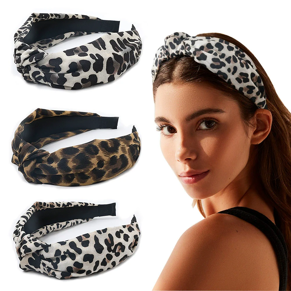 Women's Cloth Handwoven Leopard Print And Plaid Widebrimmed Knotted Headband Headwear