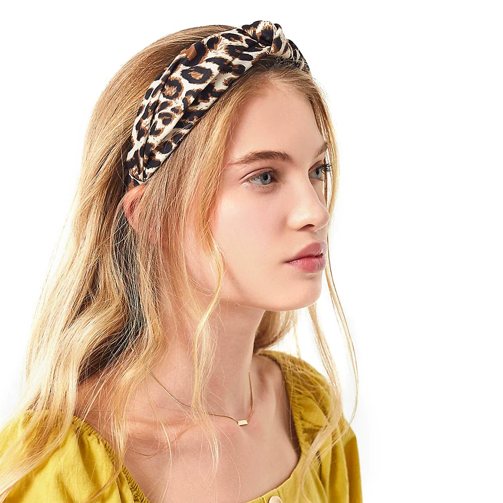 Women's Cloth Handwoven Leopard Print And Plaid Widebrimmed Knotted Headband Headwear - Image 3
