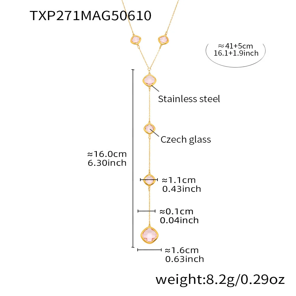 Women's Colorful Geometric Square Glass Stone And Stainless Steel Ferris Wheel Yshaped Electroplated Necklace - Image 10