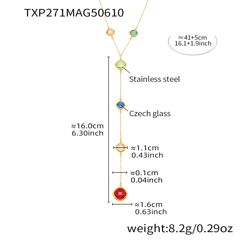 Women's Colorful Geometric Square Glass Stone And Stainless Steel Ferris Wheel Yshaped Electroplated Necklace - Image 11