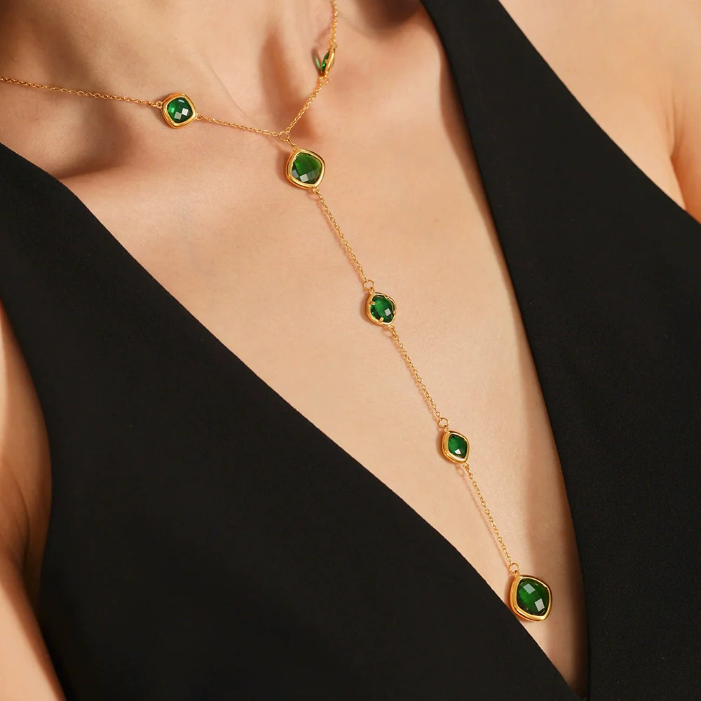 Women's Colorful Geometric Square Glass Stone And Stainless Steel Ferris Wheel Yshaped Electroplated Necklace - Image 3