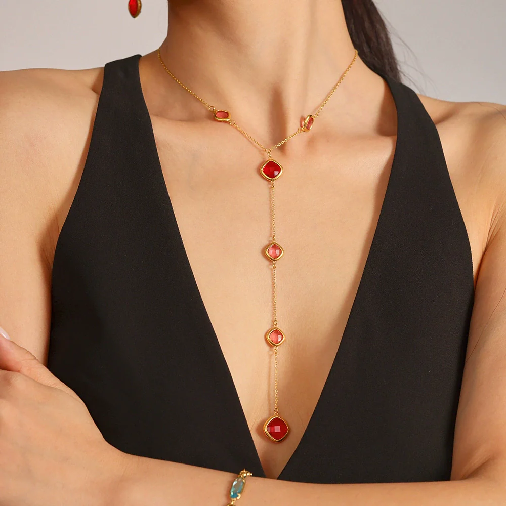 Women's Colorful Geometric Square Glass Stone And Stainless Steel Ferris Wheel Yshaped Electroplated Necklace - Image 4