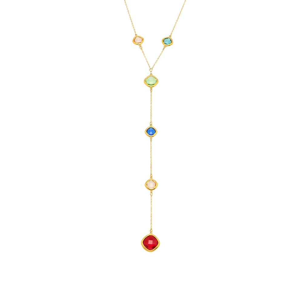 Women's Colorful Geometric Square Glass Stone And Stainless Steel Ferris Wheel Yshaped Electroplated Necklace - Image 5