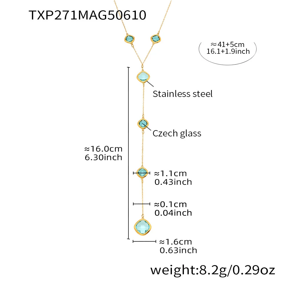 Women's Colorful Geometric Square Glass Stone And Stainless Steel Ferris Wheel Yshaped Electroplated Necklace - Image 9
