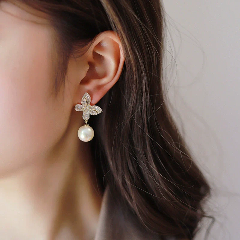 Women's Copper Butterfly Inlaid Zircon Imitation Pearl Elegant Fashion Earrings With Geometric Animal Zodiac Design - Image 3