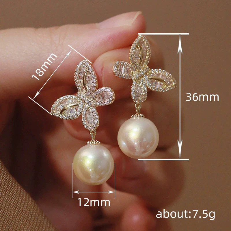 Women's Copper Butterfly Inlaid Zircon Imitation Pearl Elegant Fashion Earrings With Geometric Animal Zodiac Design - Image 4