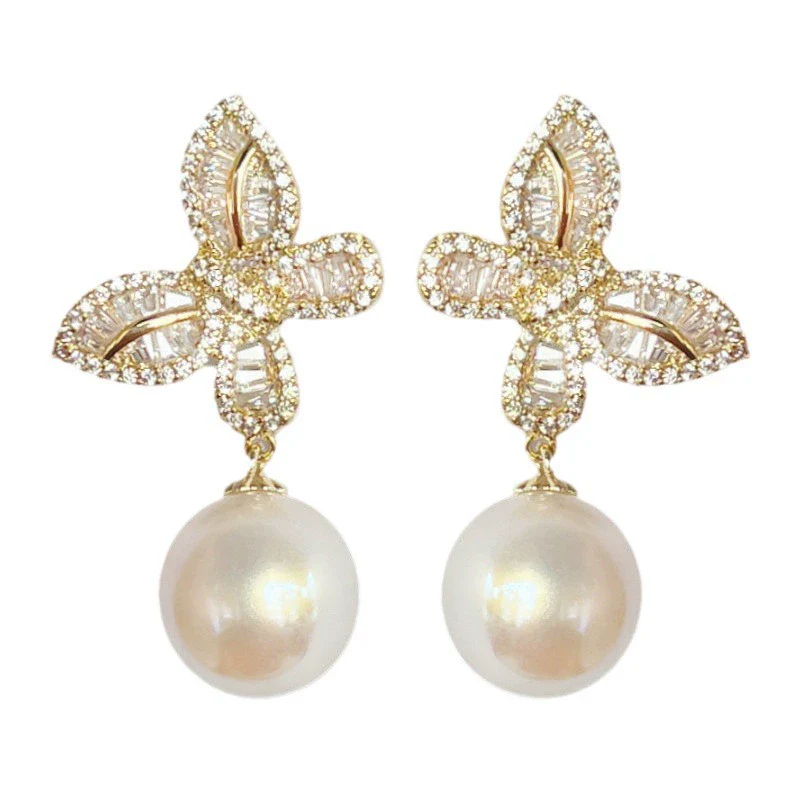 Women's Copper Butterfly Inlaid Zircon Imitation Pearl Elegant Fashion Earrings With Geometric Animal Zodiac Design - Image 5
