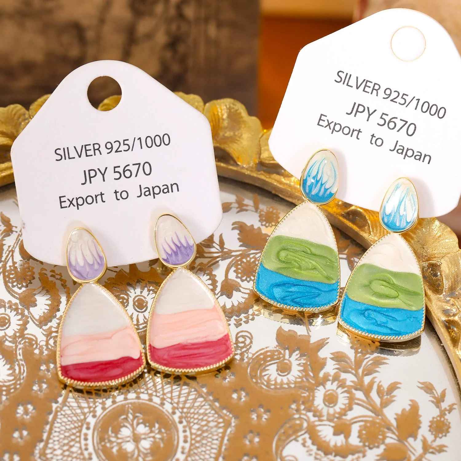 Women's Copper Geometric Electroplated Ocean Blue Gradual Handmade Earrings - Image 4