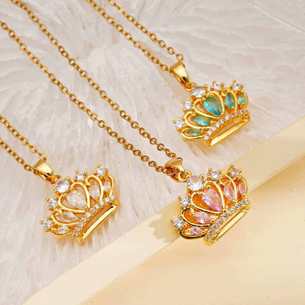 Women's Copper Inlaid Zircon Crown Pendant Necklace With Electroplating And O Chain