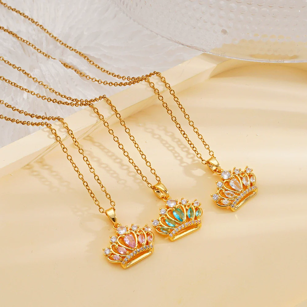 Women's Copper Inlaid Zircon Crown Pendant Necklace With Electroplating And O Chain - Image 2
