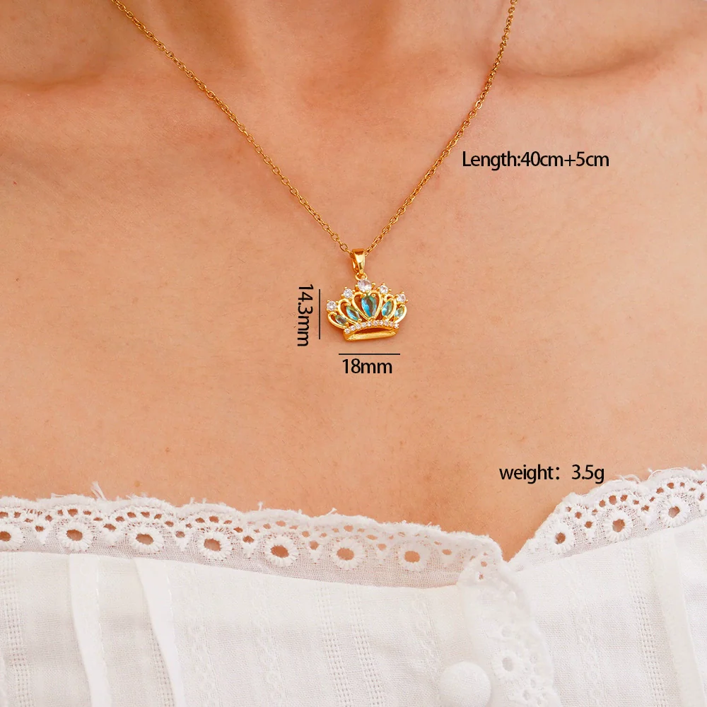 Women's Copper Inlaid Zircon Crown Pendant Necklace With Electroplating And O Chain - Image 4
