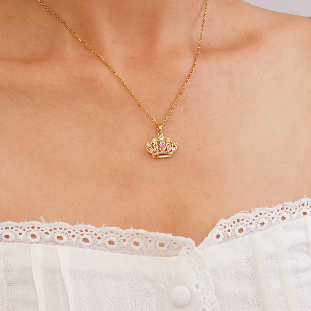 Women's Copper Inlaid Zircon Crown Pendant Necklace With Electroplating And O Chain - Image 6