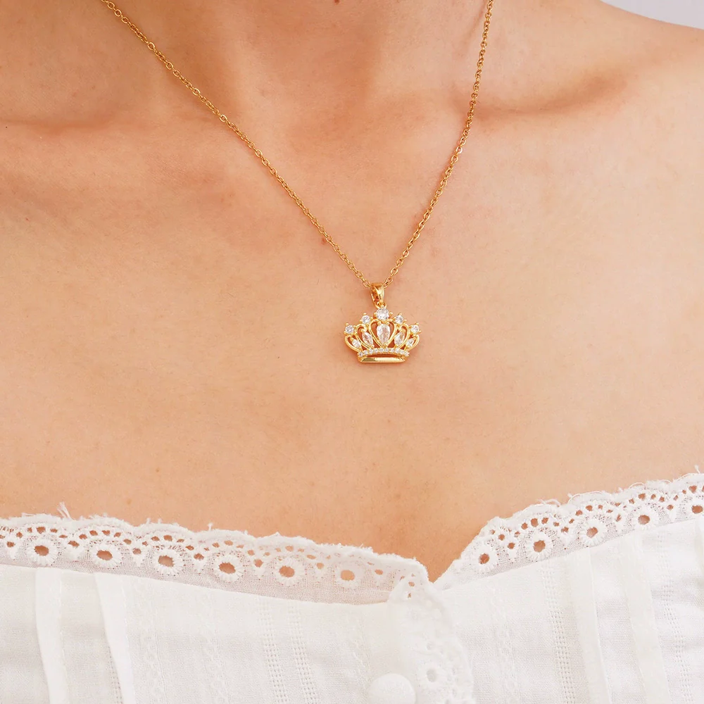 Women's Copper Inlaid Zircon Crown Pendant Necklace With Electroplating And O Chain - Image 7